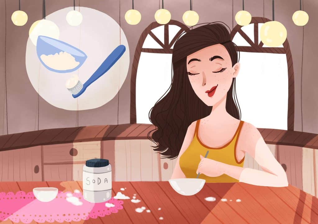 image of woman trying baking soda as natural teeth whitening