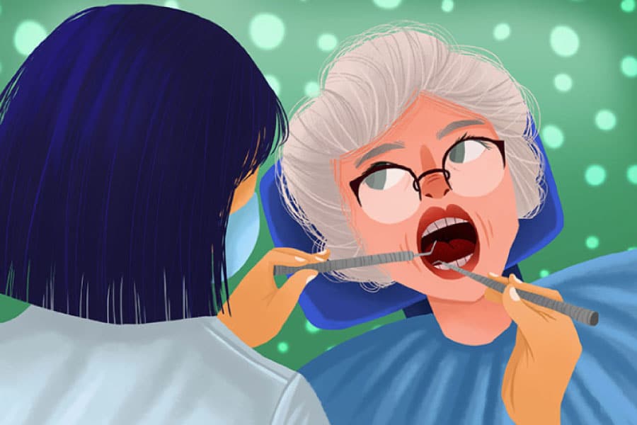Cartoon of a white haired woman in the dental chair getting a dental cleaning and exam.