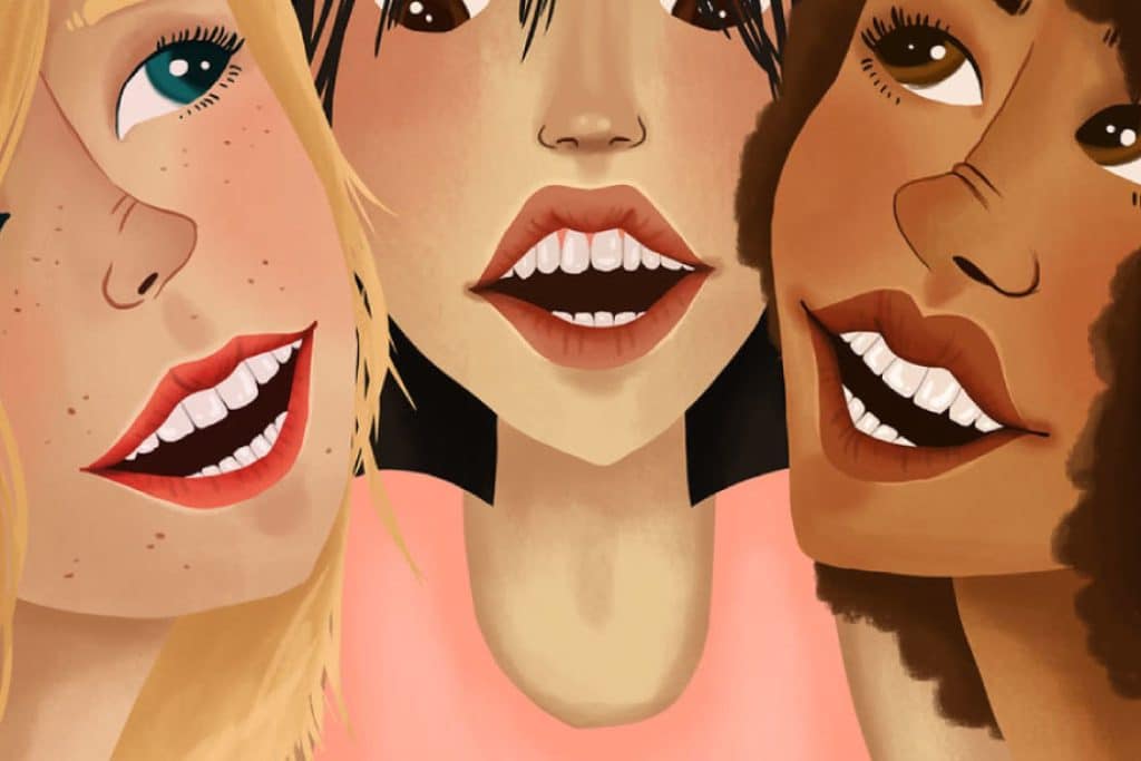 Cartoon of three women smiling with dental veneers.