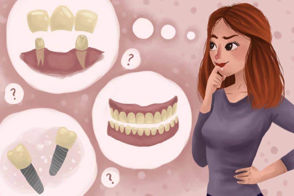 Cartoon showing a woman trying to decide between dentures, implants & bridges.