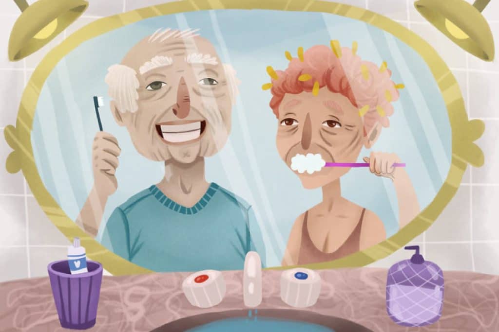 Cartoon of an elderly couple brushing teeth in from of a mirror.